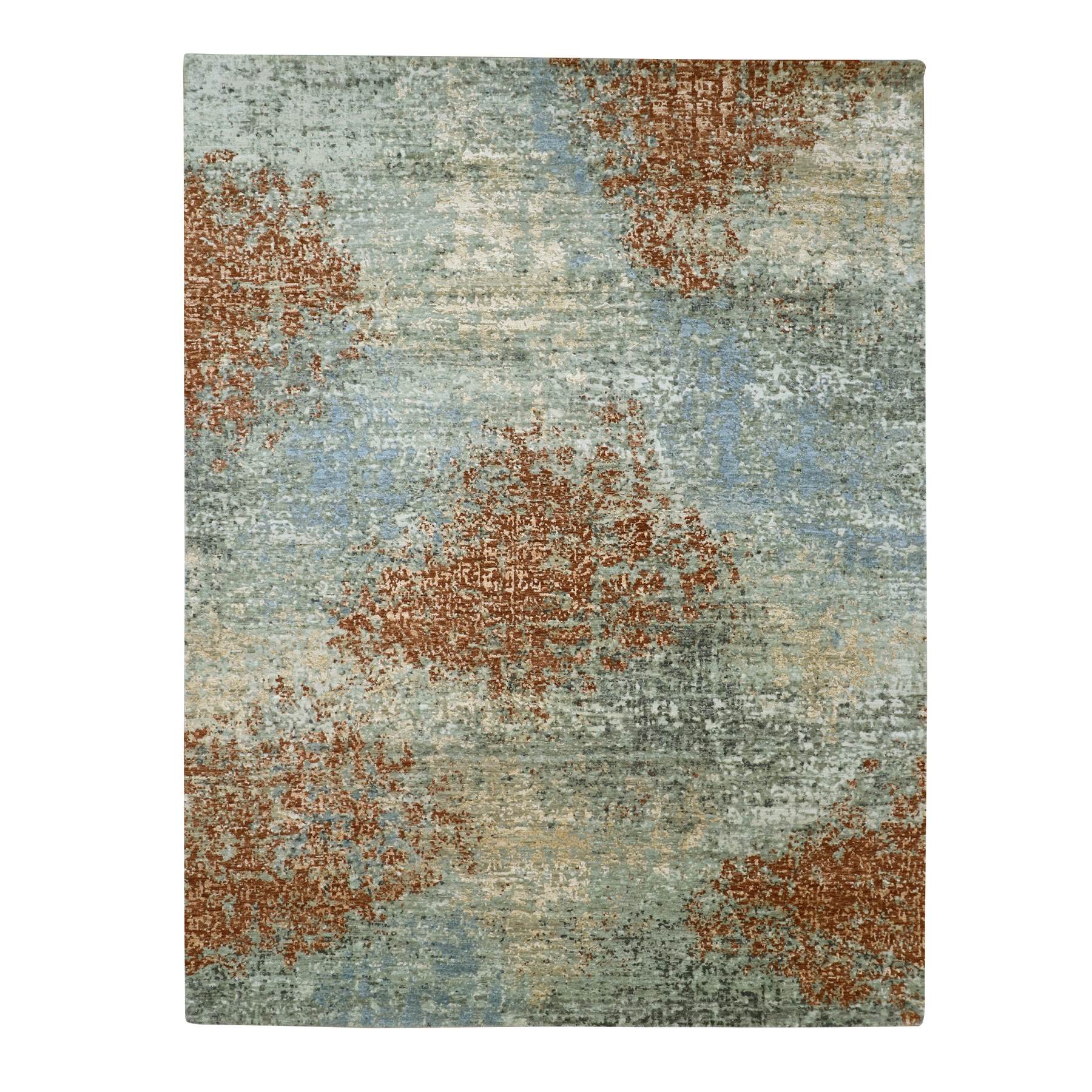 Rust Red with Gray, Persian Knot, Abstract with Galaxy Design, Pure Wool, Hand Knotted, Densely Woven, Oriental Rug